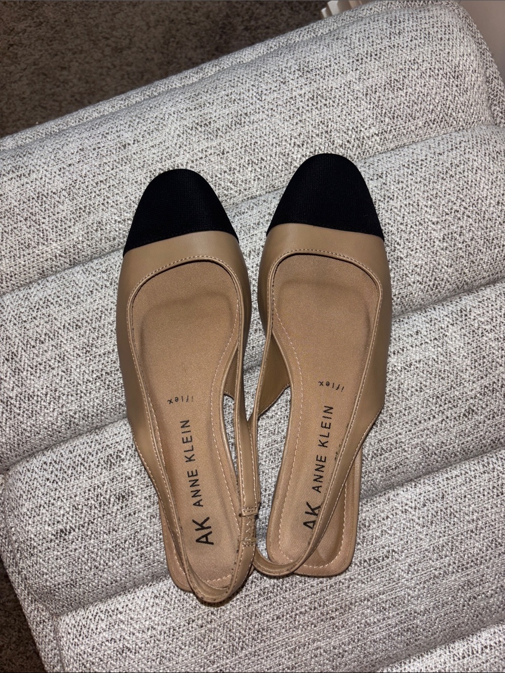 Anne Klein Tan Flats with Black Cap Toe Slingback